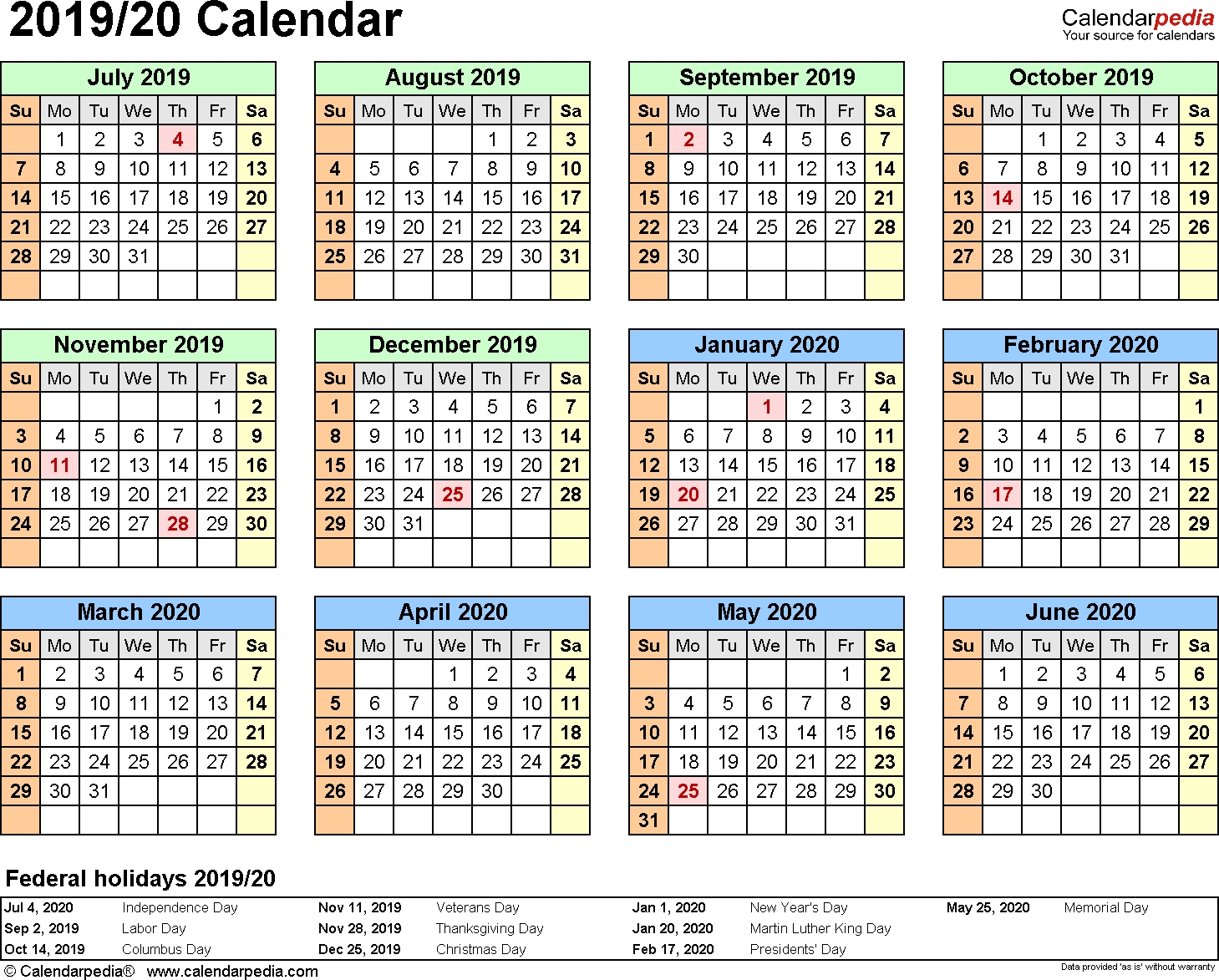 Split Year Calendar 2019/20 (July To June) - Pdf Templates for Free Printed Calendars From June 2019 To June 2020