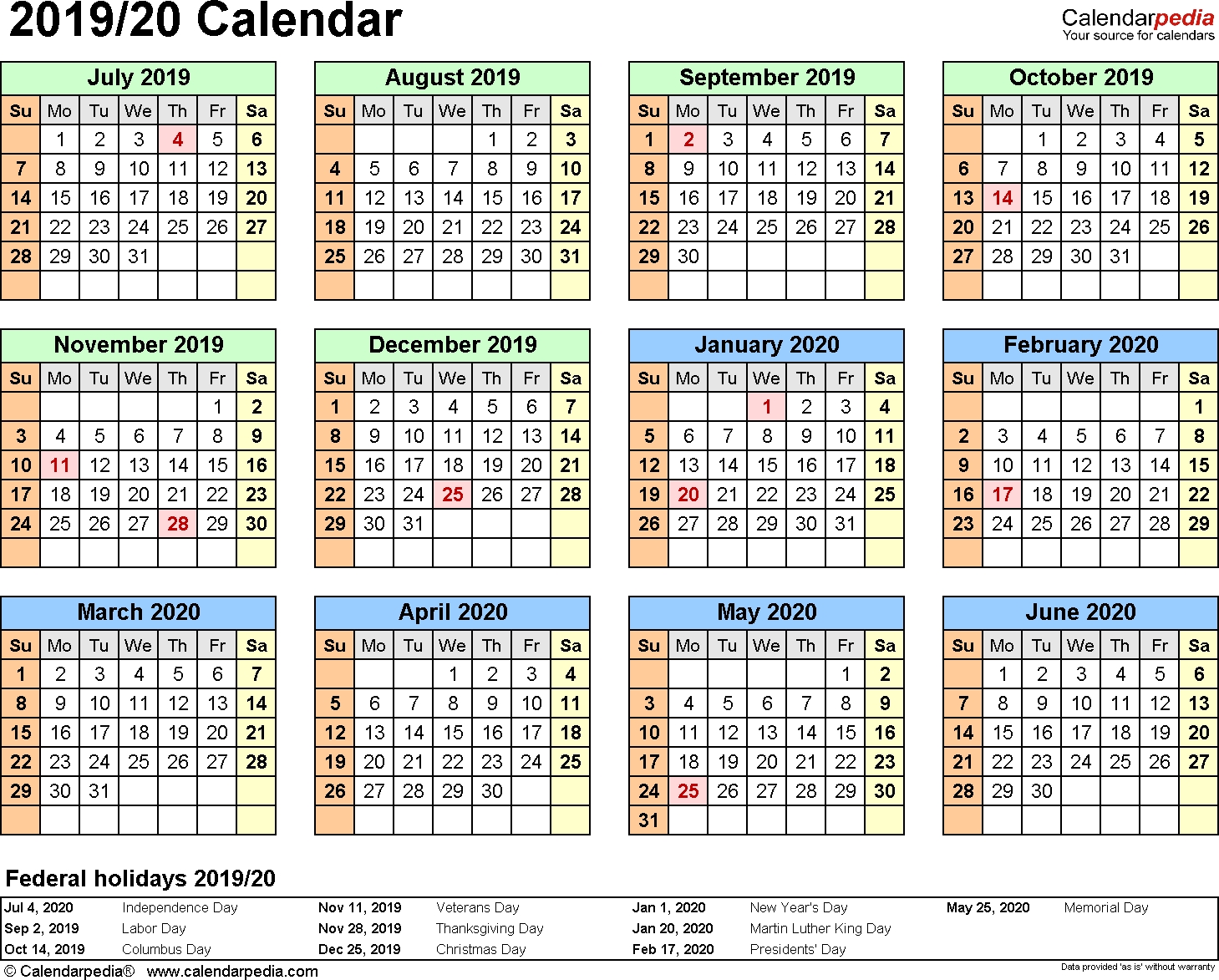 Split Year Calendar 2019/20 (July To June) - Pdf Templates inside Calender Of Special Days 2020