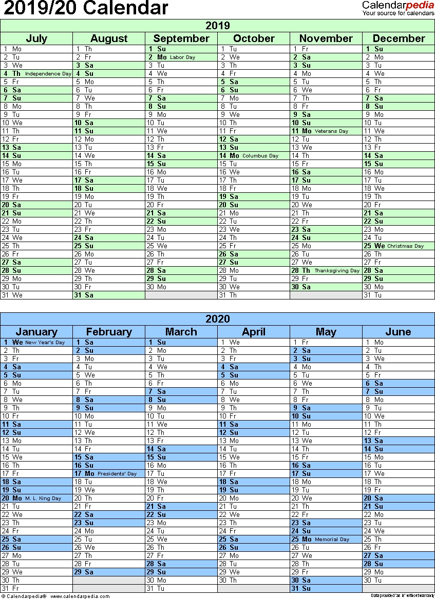 Calendar June 2019 To July 2020