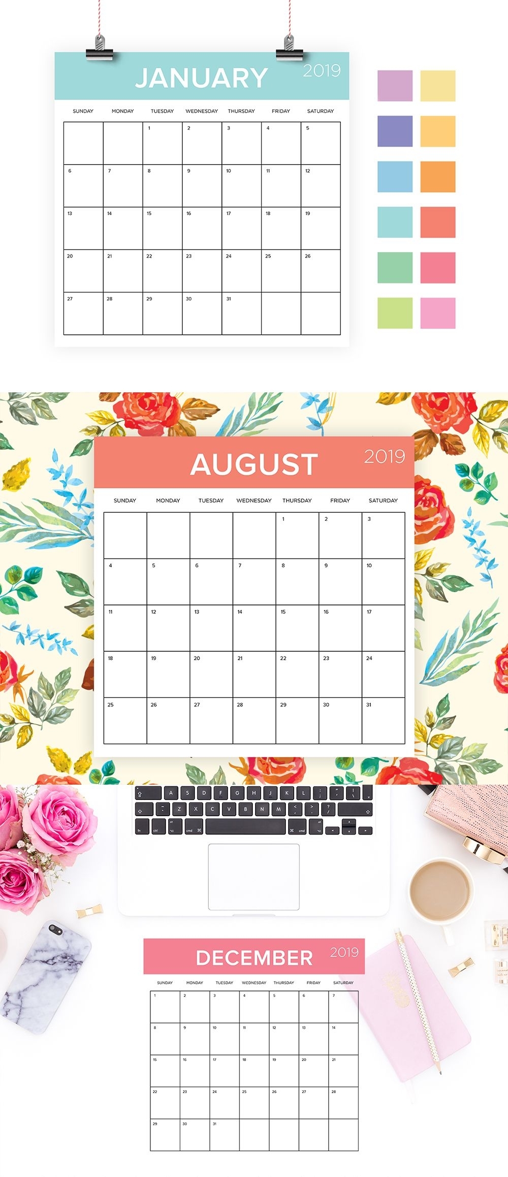 Square 2019 Calendar Template | Instant Download | Color Coded in Printable Neon 12 Month Blank Calendar