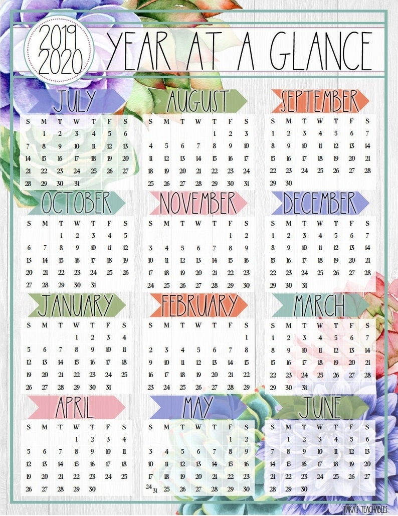 Succulent Year At A Glance 2019-2020 School Year | Etsy with regard to Year At A Glance 2019-2020