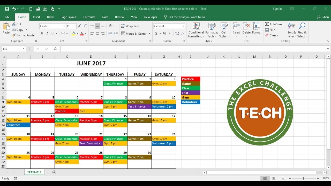 Tech-011 - Create A Calendar In Excel That Automatically Updates in Schedule Of Activities Calendar Format