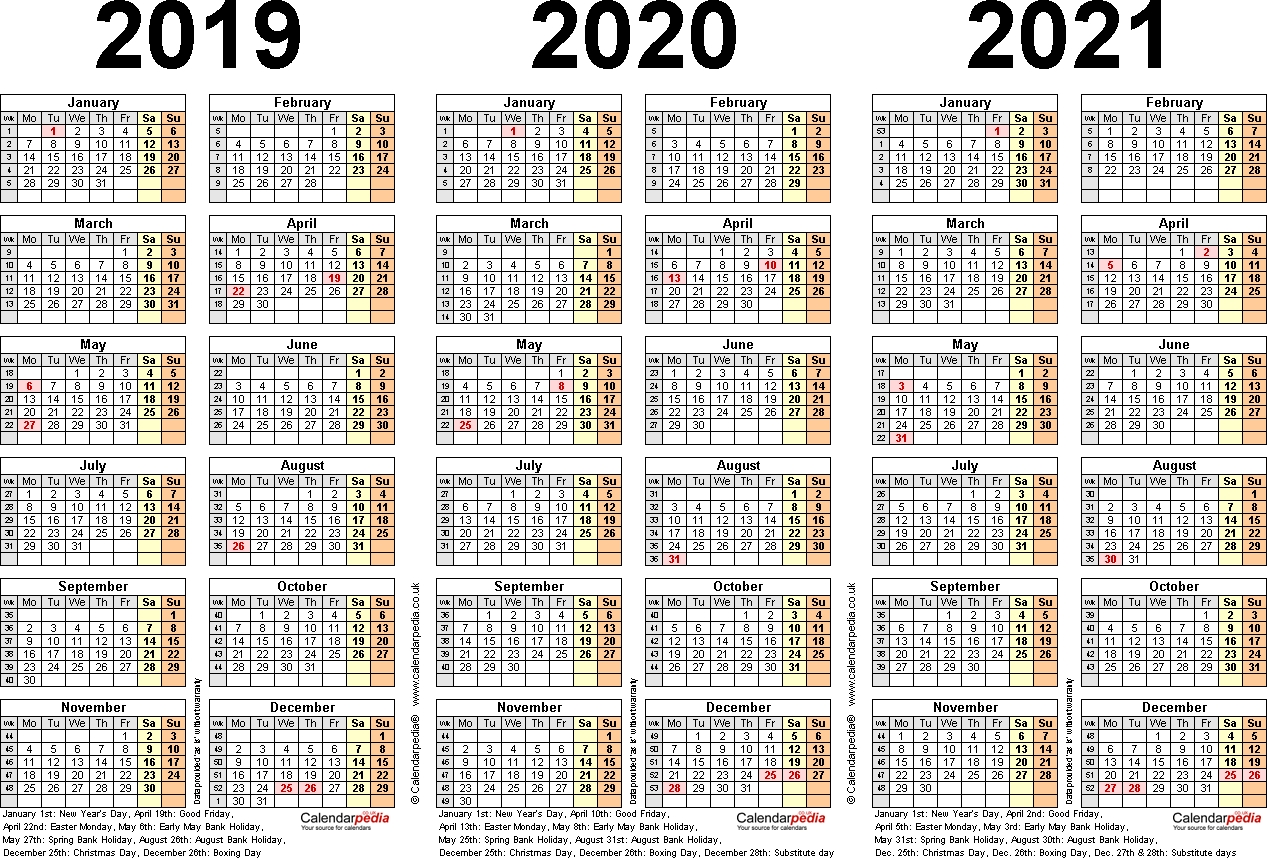 Three Year Calendars For 2019, 2020 &amp; 2021 (Uk) For Word pertaining to Yearly Calendar 2019 2020 2021