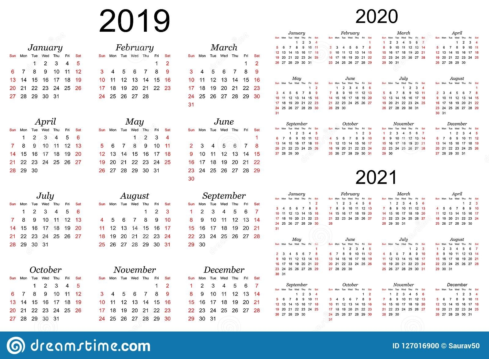 Three Year Vector Calendar - 2019, 2020 And 2021 Stock Vector in Three-Year Calendar 2019, 2020, 2021