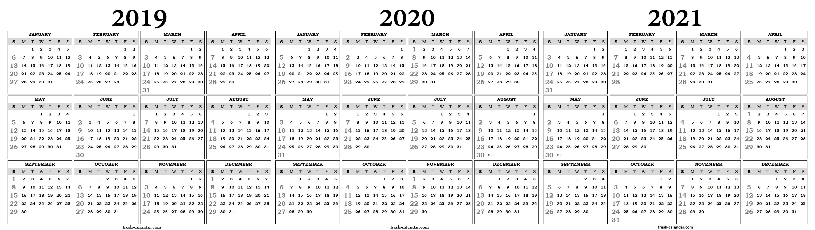 Three Yearly 2019 2020 2021 Calendar Printable Free | Blank Template for Calendar 2019 2020 2021