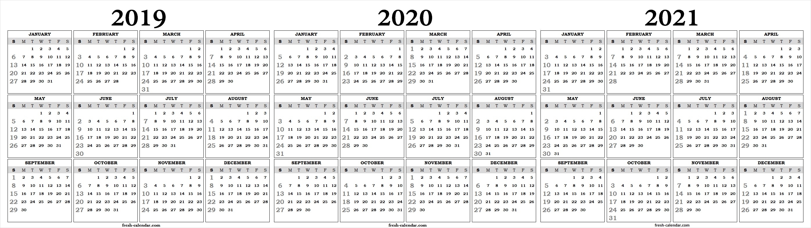 Three Yearly 2019 2020 2021 Calendar Printable Free | Blank Template regarding 3 Year Printable Calendar 2019 2020 2021