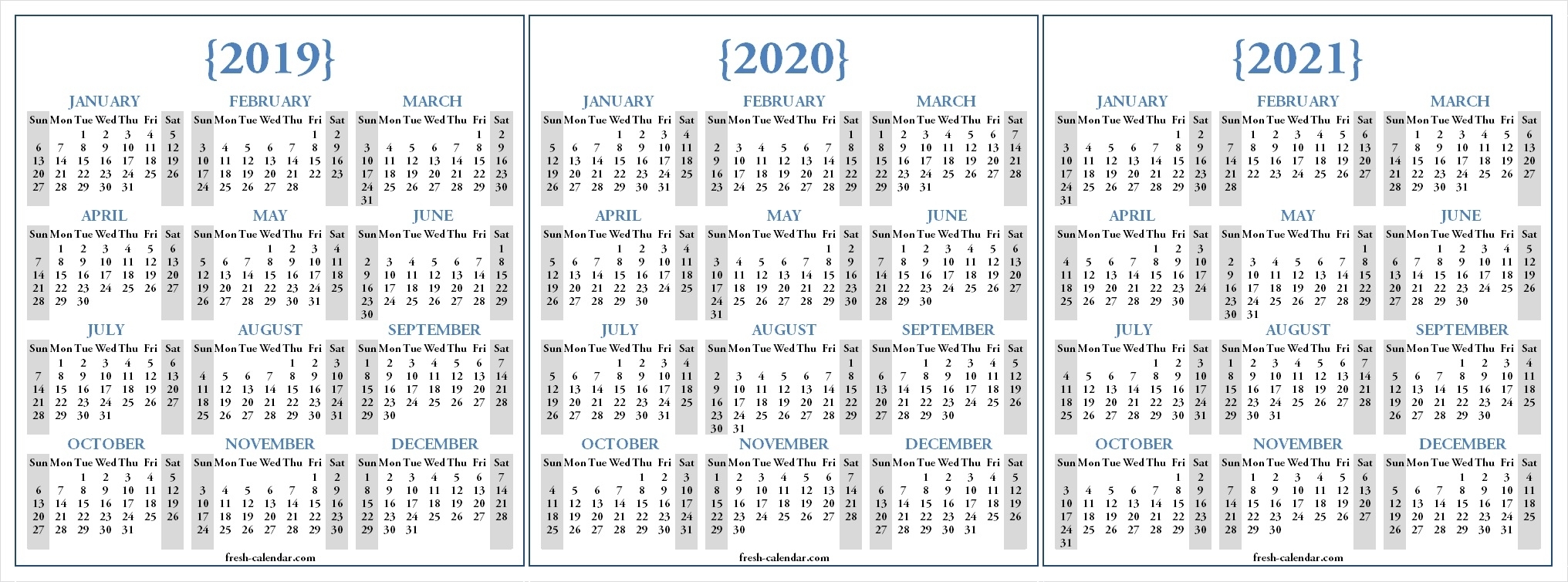 Three Yearly 2019 2020 2021 Calendar Printable Free | Blank Template with Calendar Yearly 2019 2020 2021