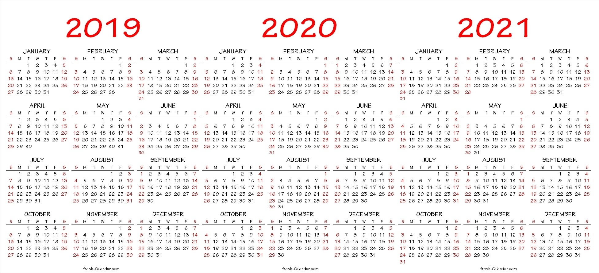 Three Yearly Calendar 2019 2020 2021 Printable Free | Blank Template pertaining to Yearly Calendar 2019 2020 2021