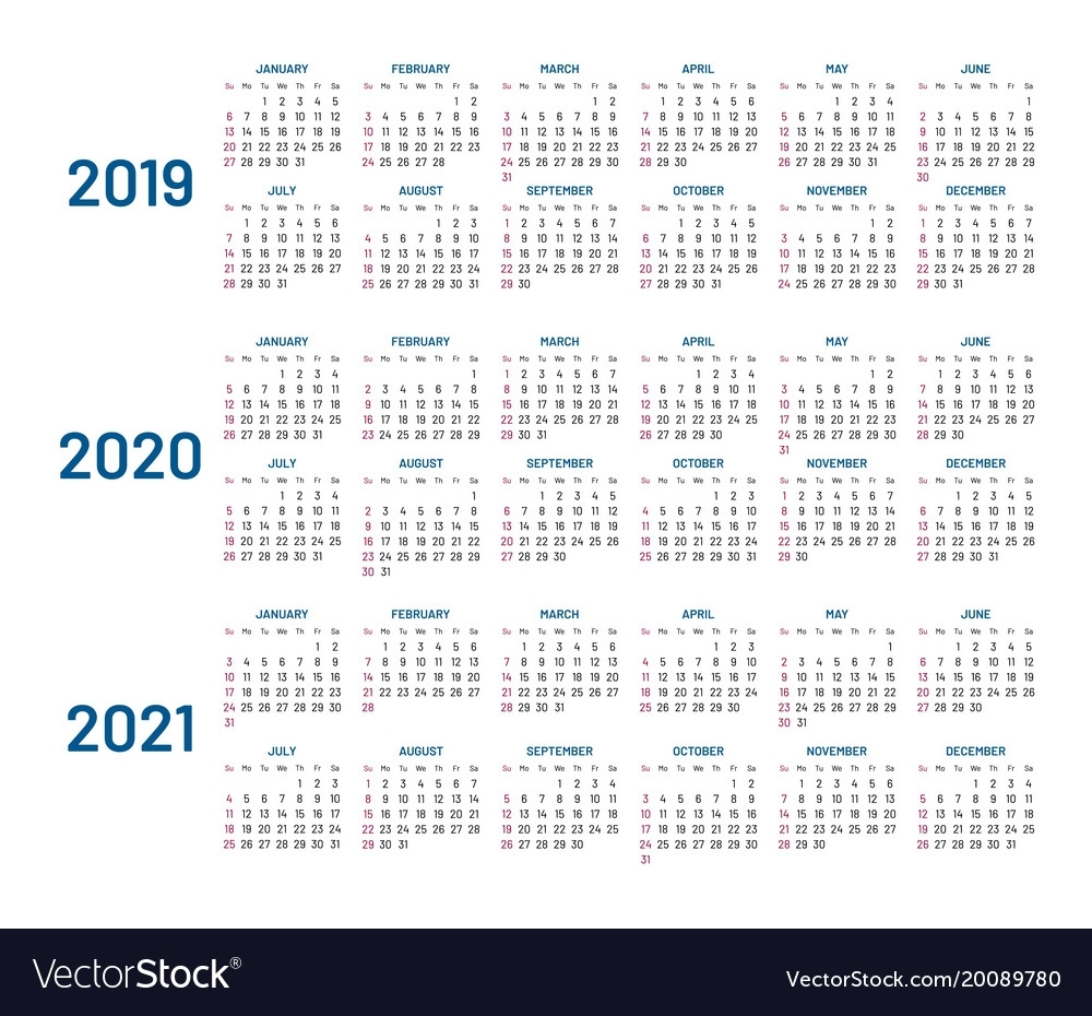 Three Years Calendar 2019 2020 2021 Isolated Vector Image for Calendars 2019 2020 2021