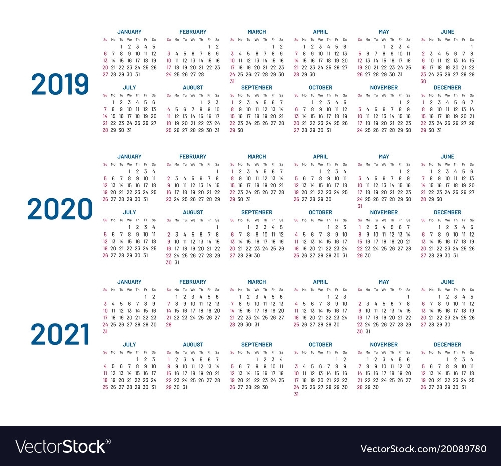 Three Years Calendar 2019 2020 2021 Isolated Vector Image throughout Calendar 2019 2020 2021