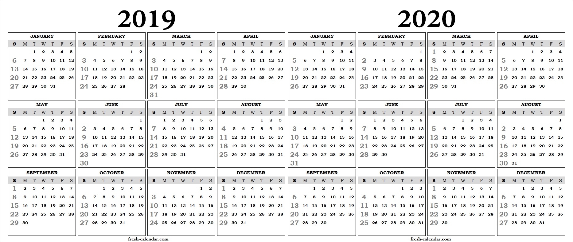 Two Yearly 2019 2020 Calendar Printable | Blank Calendar Template inside One Page 2019-2020 Calendar