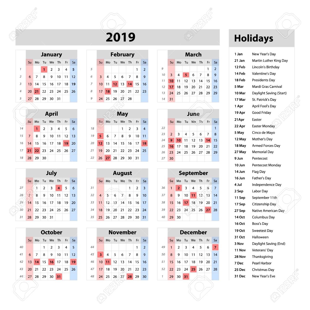 Vector Simple Calendar 2019 - One Year At A Glance - Starts Monday in Year At A Glance Calendar