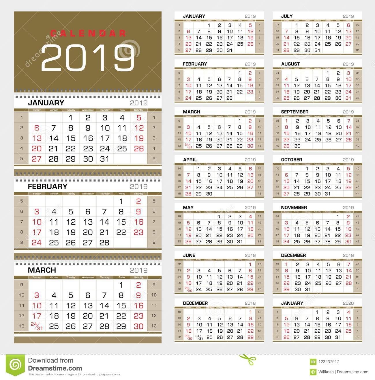 Wall Quarterly Calendar 2019 With Week Numbers. Week Start From for Free Color Printable 2019 2020 Calendar