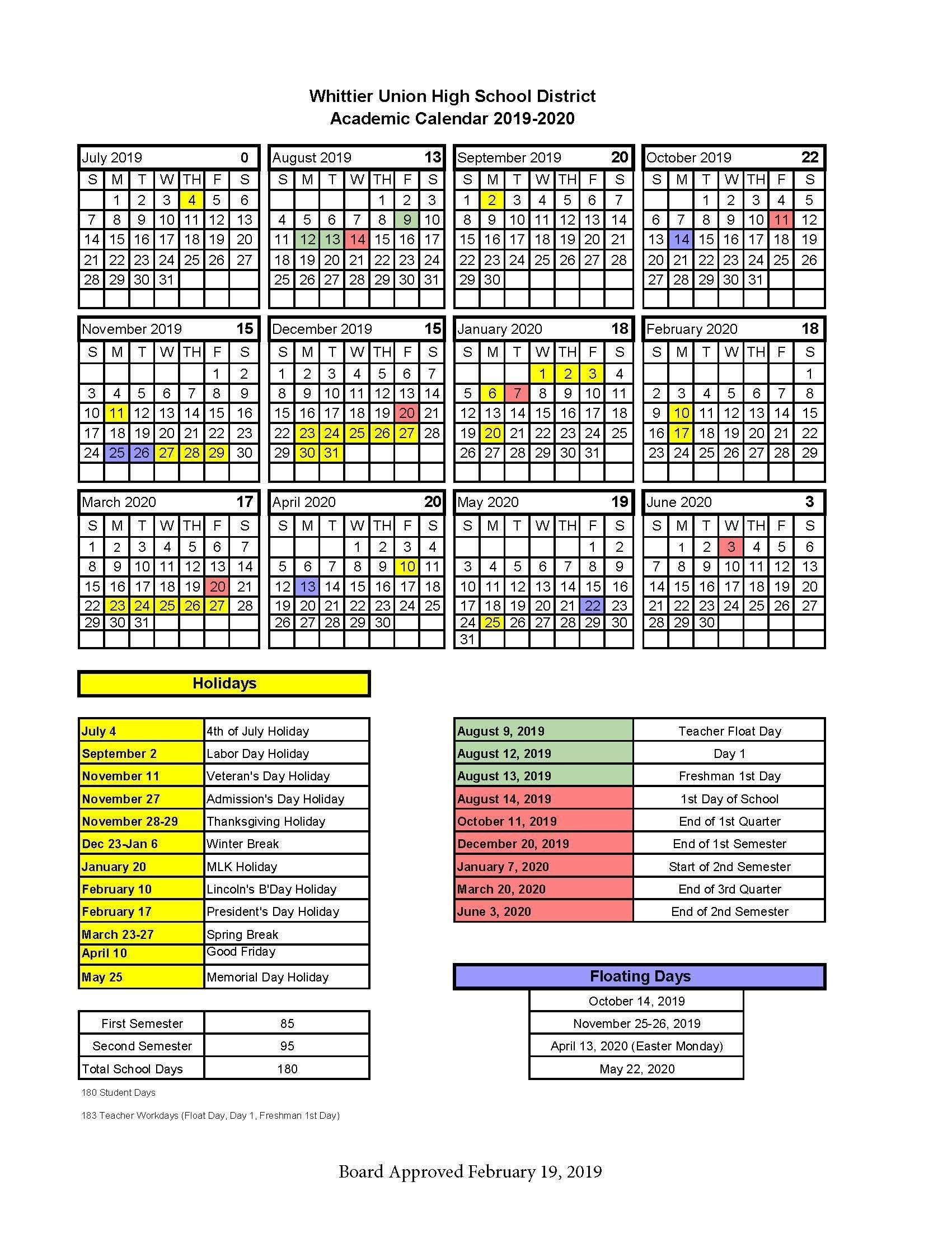 Wuhsd Academic Calendars – District Information – Whittier Union with Calendar With Special Days 2020