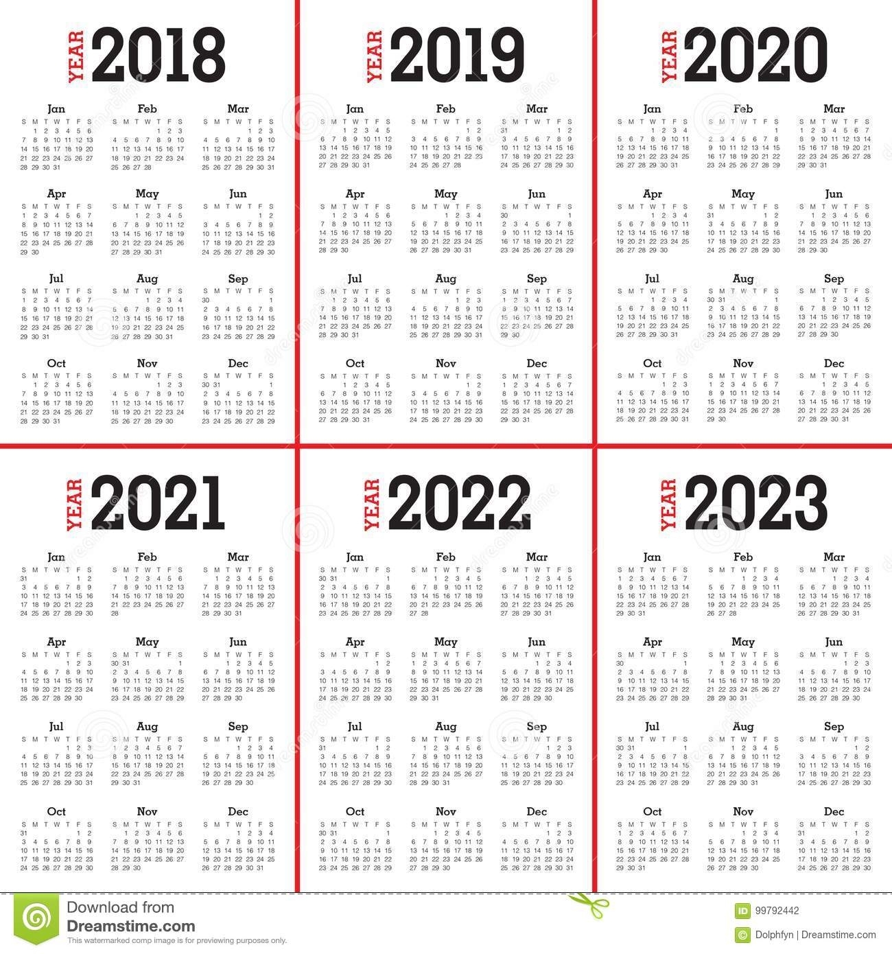 Year 2018 2019 2020 2021 2022 2023 Calendar Vector Stock Vector throughout Yearly Calendar 2019 2020 2021