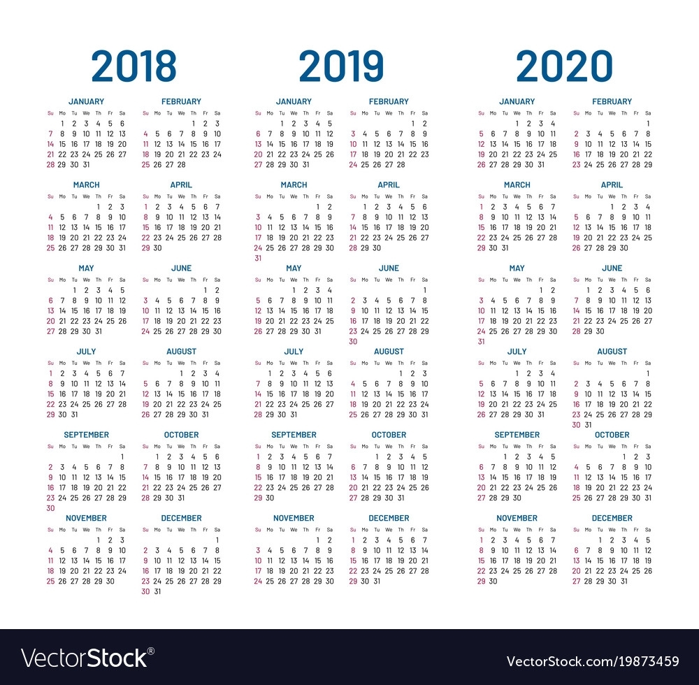 Year 2018 2019 2020 Calendar Royalty Free Vector Image throughout Calendar 2019 2020 With Boxes