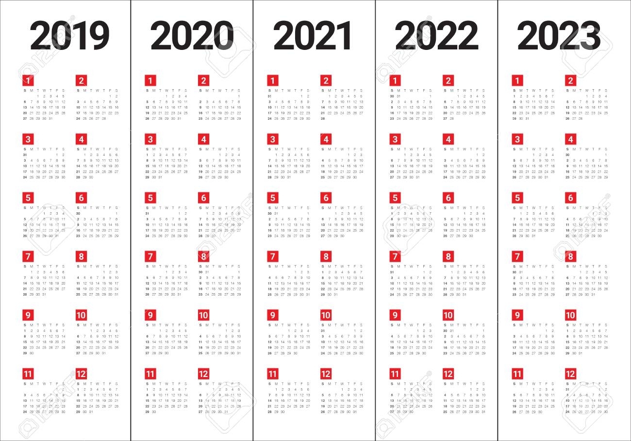 Year 2019 2020 2021 2022 2023 Calendar Vector Design Template with 2020 To 2023 Calendars