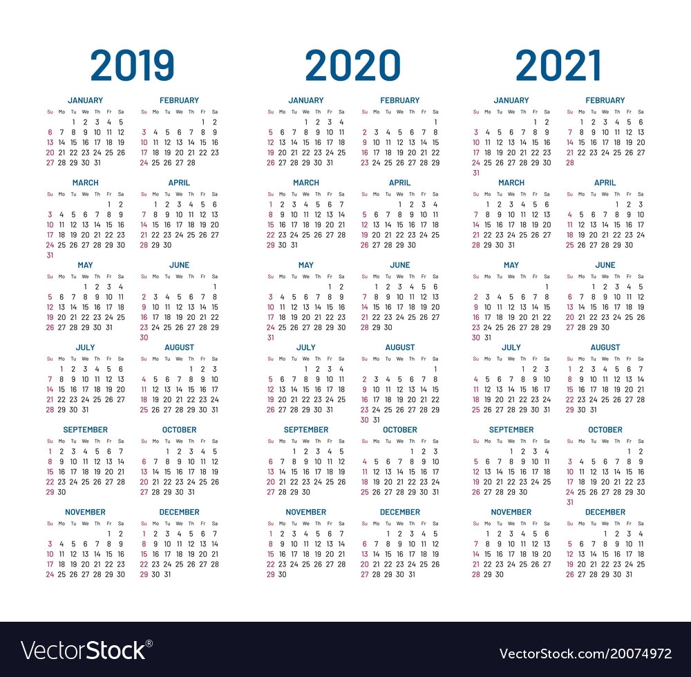 Year 2019 2020 2021 Calendar Royalty Free Vector Image regarding Yearly Calendar 2019 2020 2021