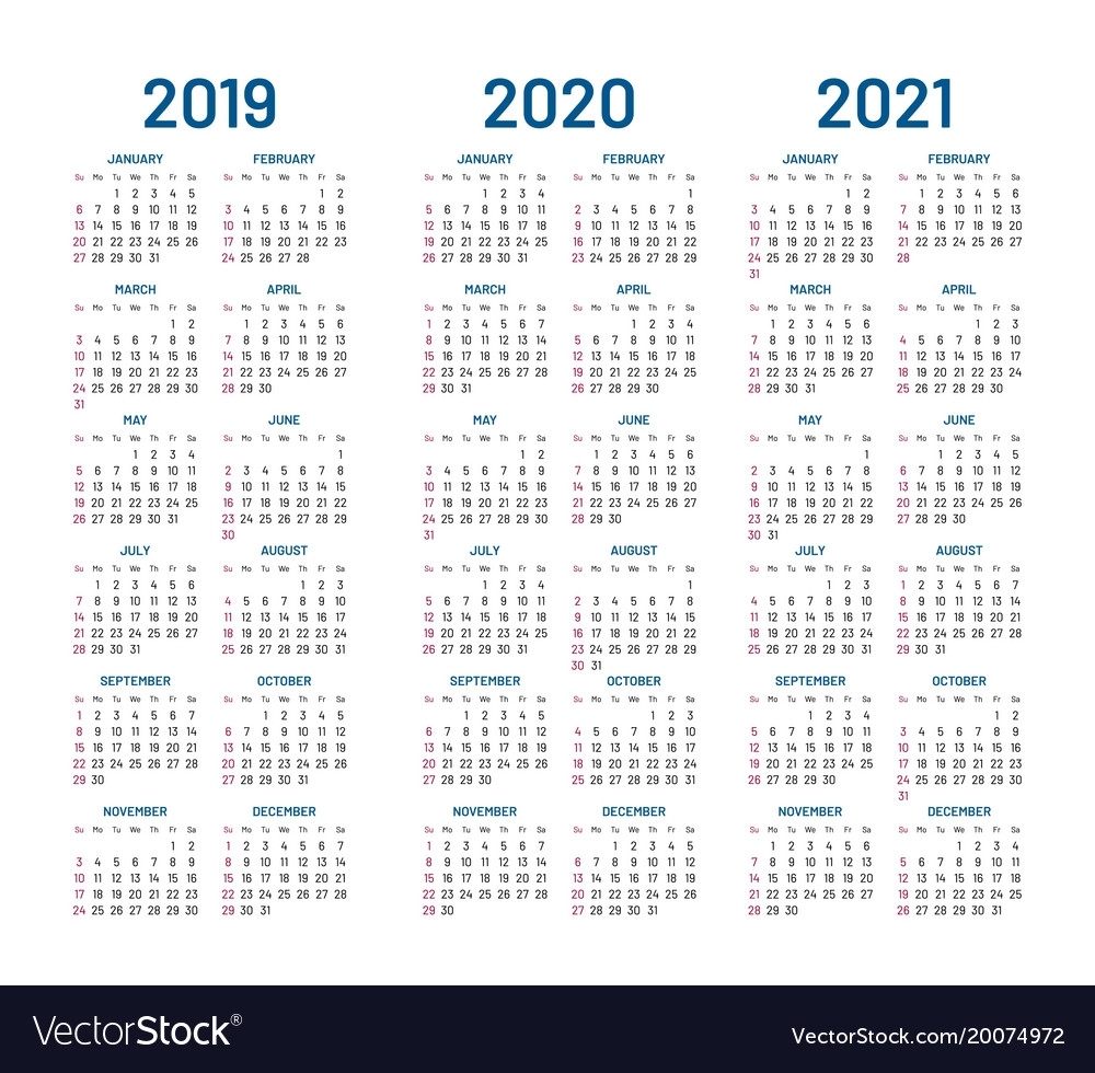 Year 2019 2020 2021 Calendar Royalty Free Vector Image throughout Calendar 2019 2020 2021