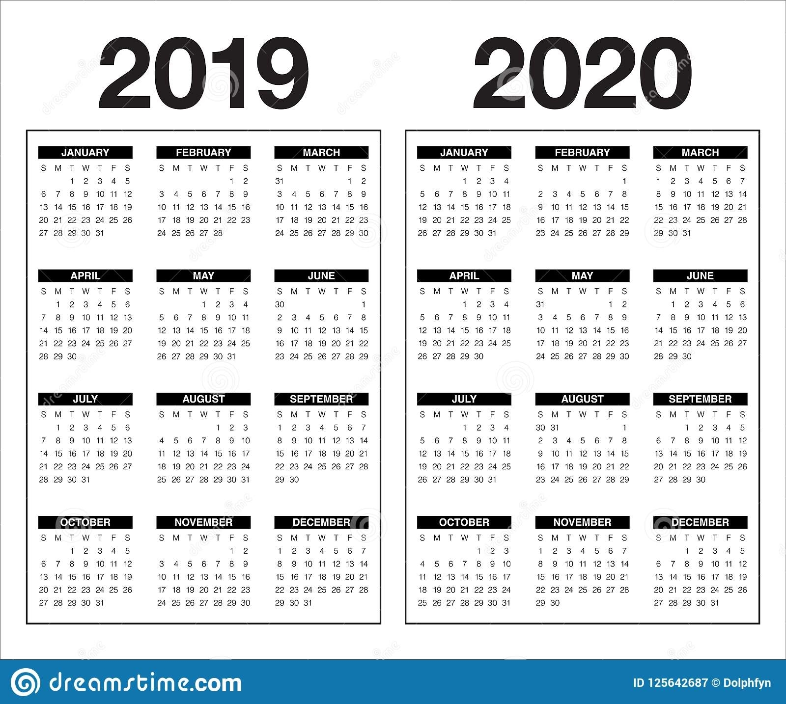 Year 2019 2020 Calendar Vector Design Template Stock Vector pertaining to Calendar 2019 2020 With Boxes