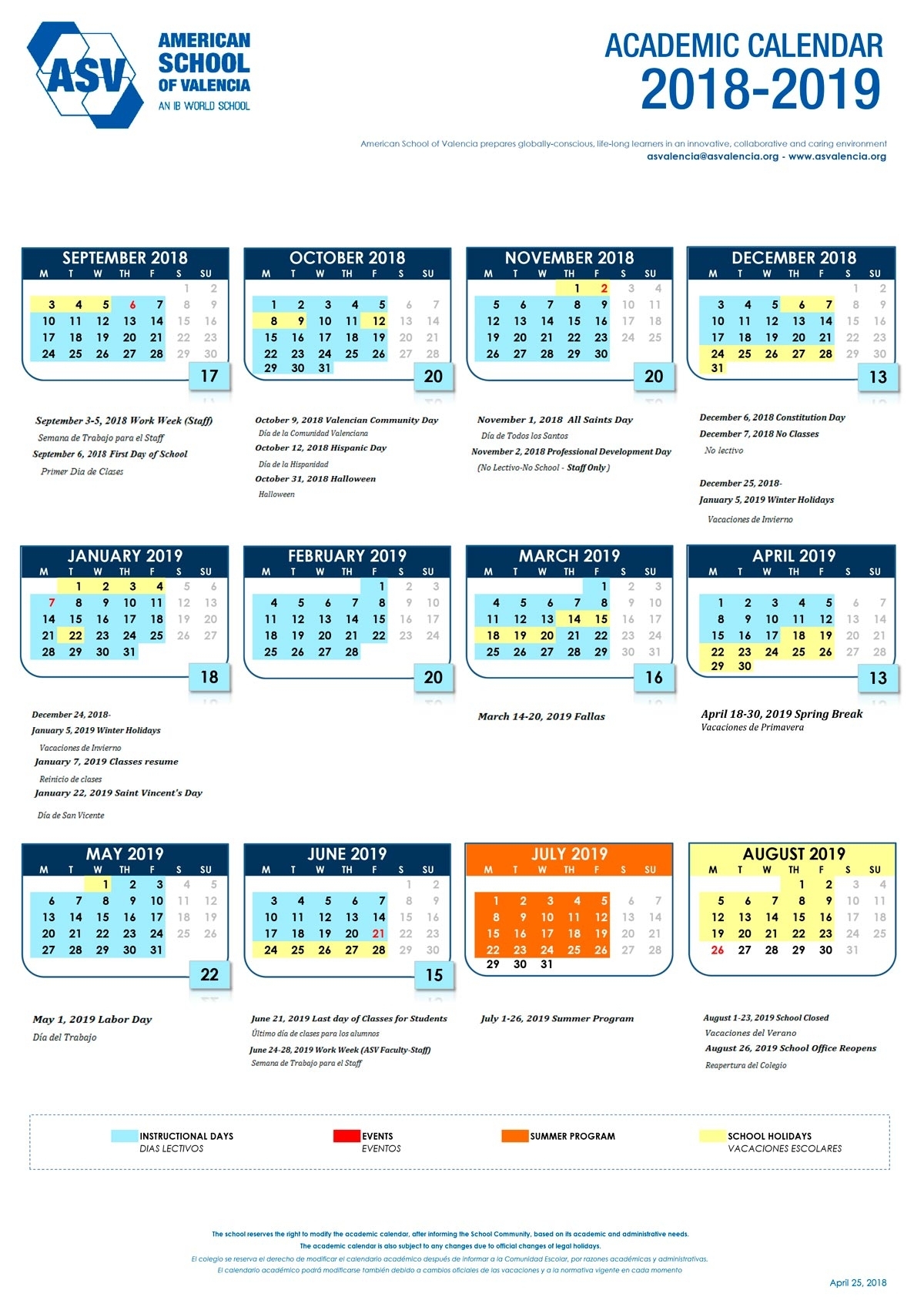 Academic Calendar – American School Of Valencia:uc Berkeley for Nus 2019/2020 Academic  Calendar
