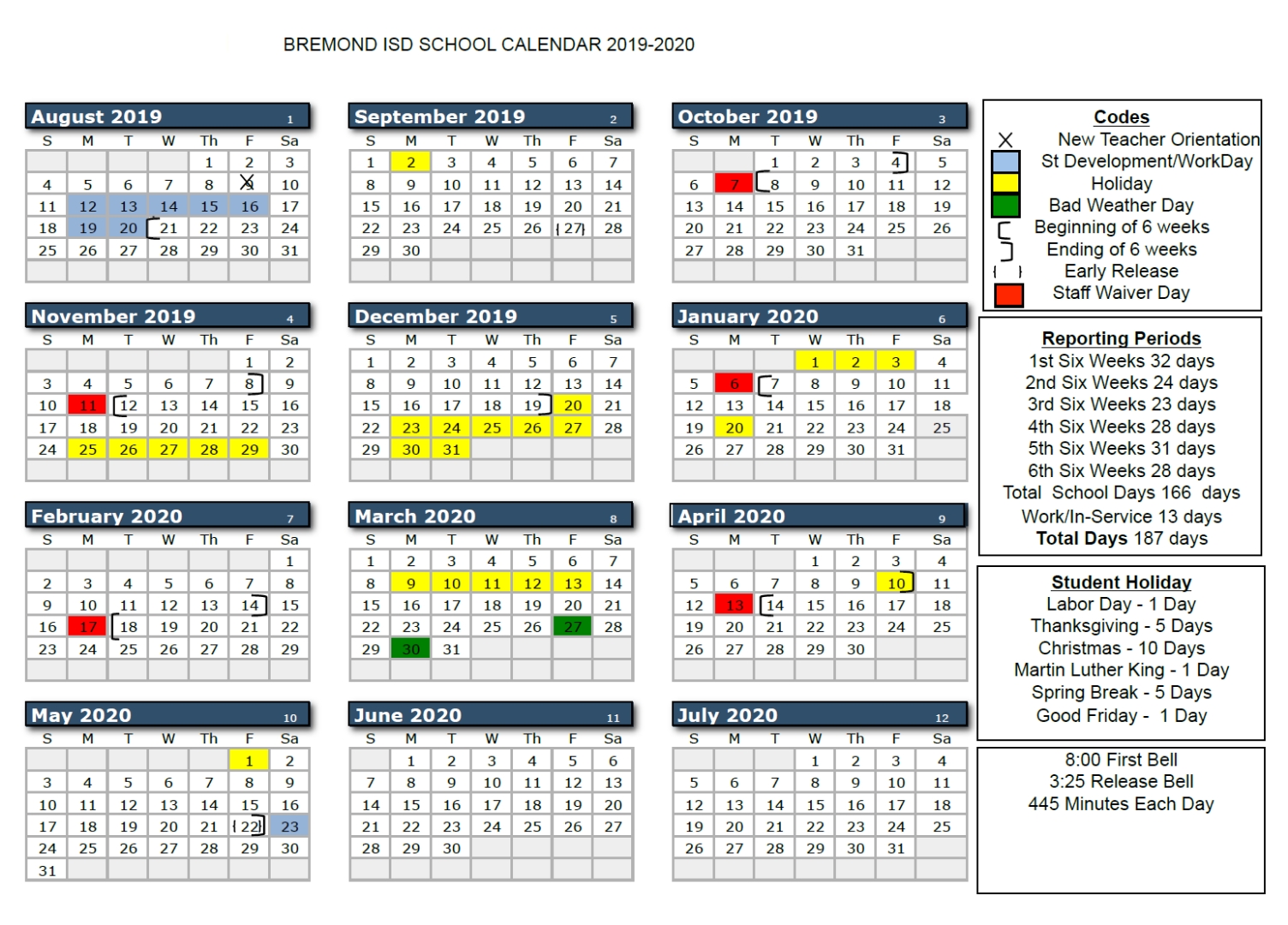 Bremond Isd - 2019-2020 Bisd School Calendar pertaining to 2020 Uil Calendar