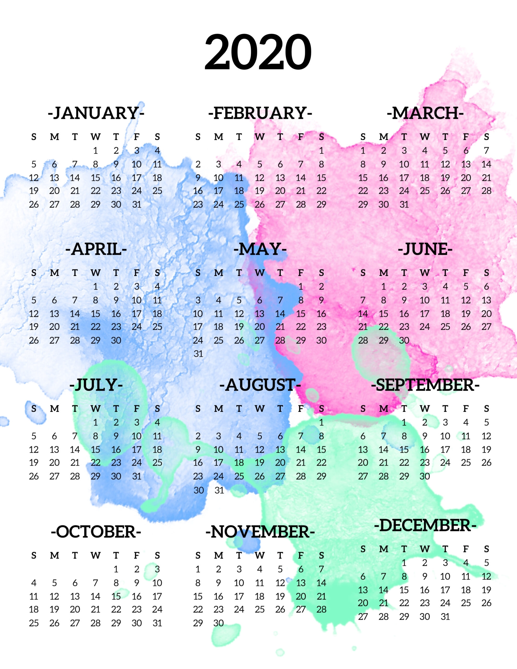 Calendar 2020 Printable One Page - Paper Trail Design for Year At A Glance 2020