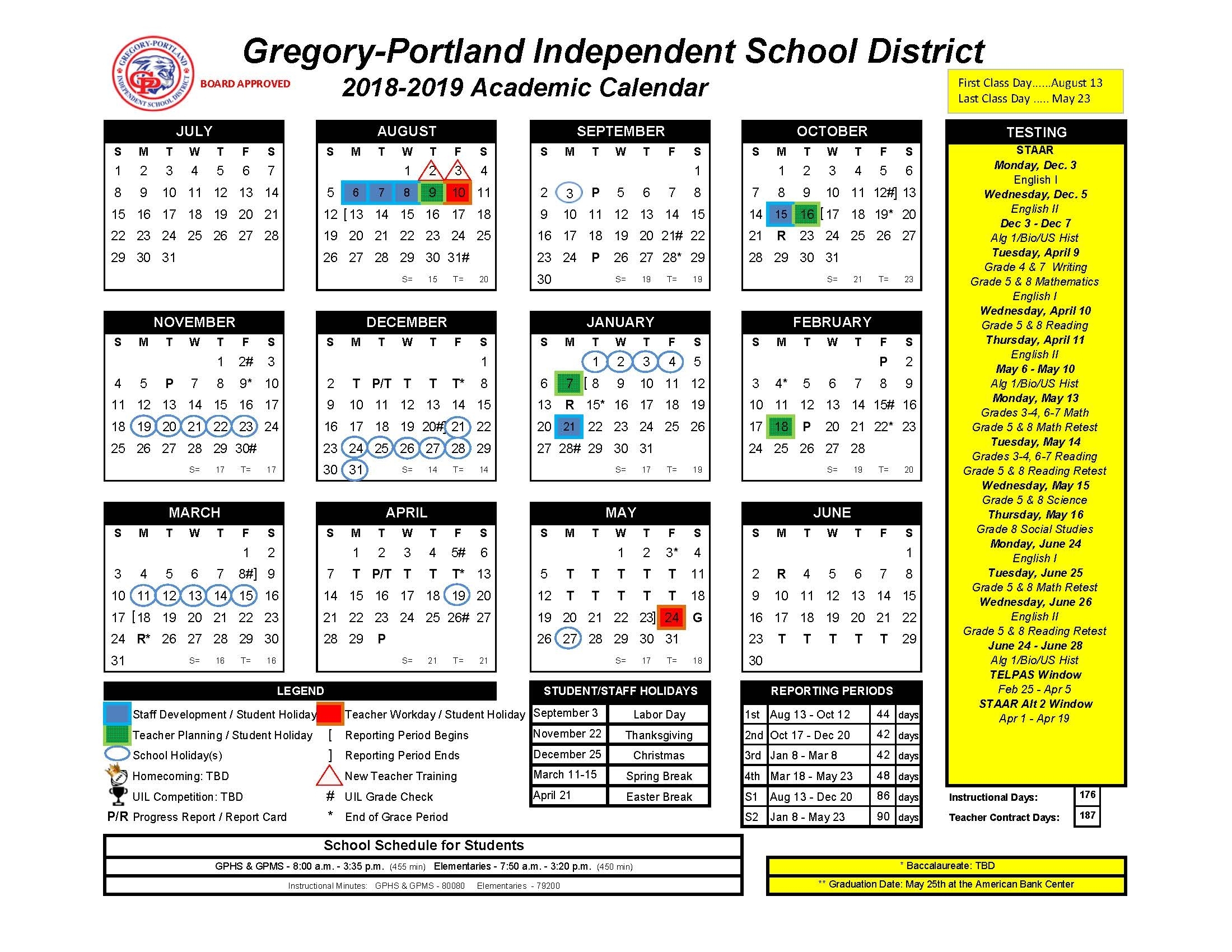 District Calendar, 2018-19 - Gregory-Portland Independent for 2020 Uil Calendar