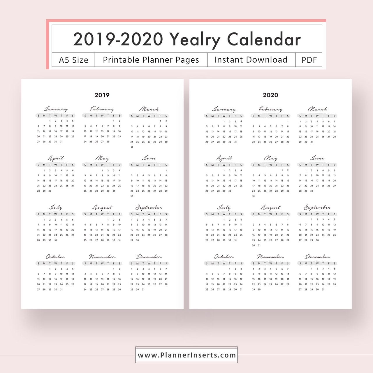 Yearly Calendar 2019 2020 For Unlimited Instant Download - Digital  Printable Planner Inserts In .pdf Format - Filofax A5 - Year At A Glance,  Yearly regarding Year At A Glance 2020