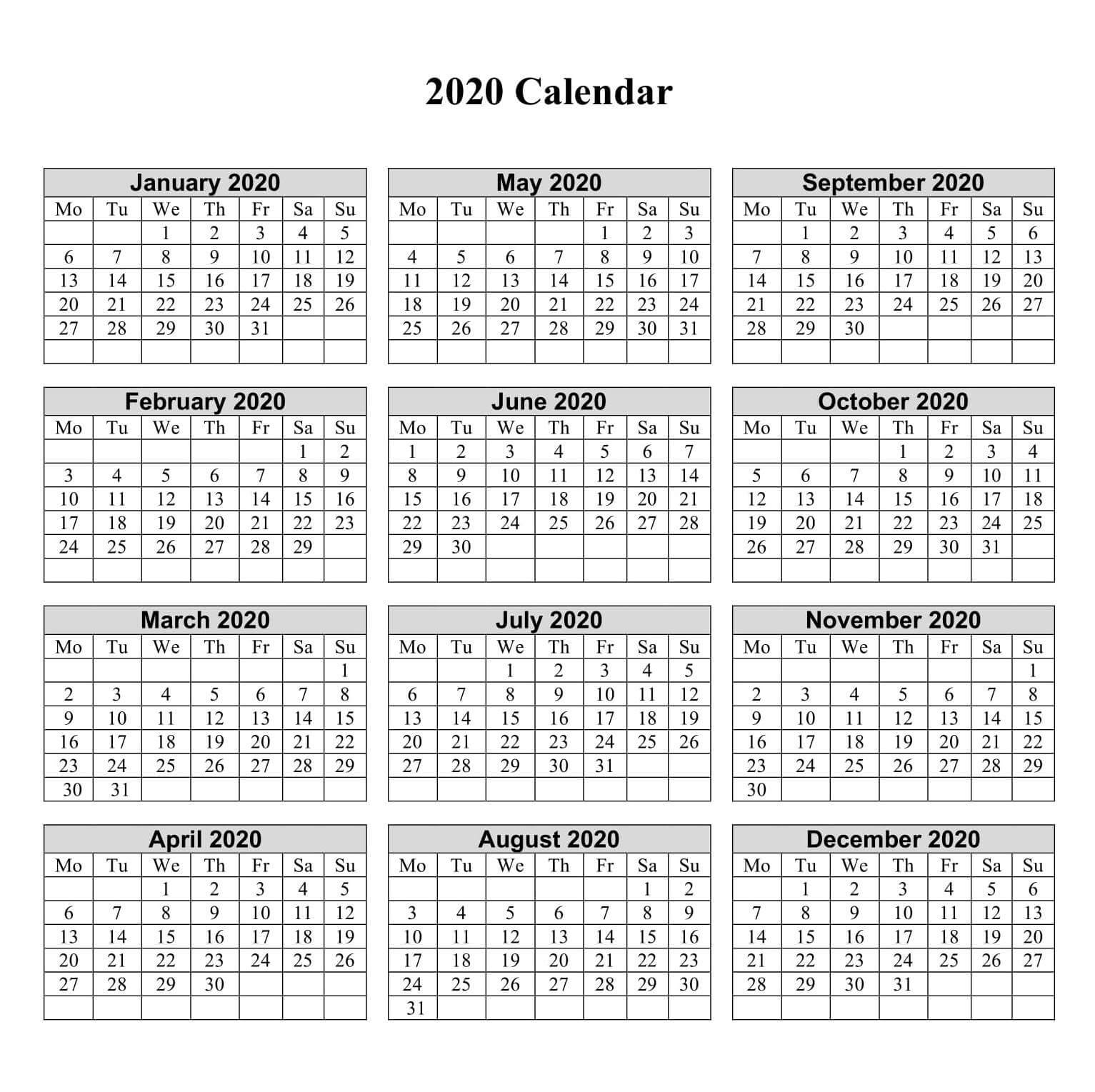 1 Year Small Calendar 2020 - 2019 Calendars For Students regarding Calendaer 2020 Monday To Sunday