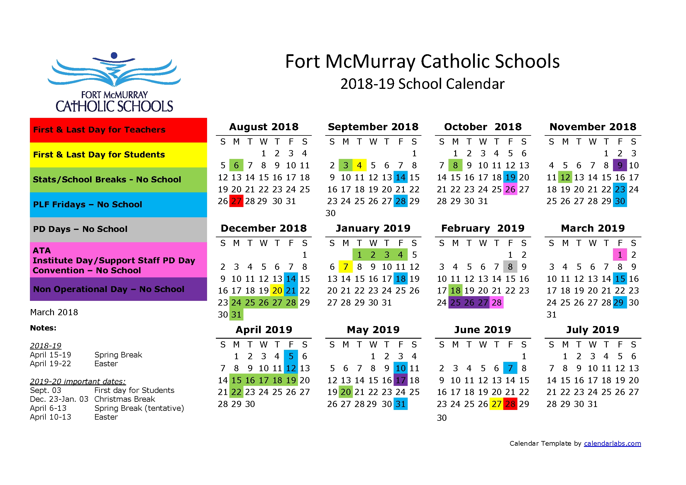 2018-19 School Calendar | Fort Mcmurray Catholic Schools intended for Printable Liturgical Calendar For 2020