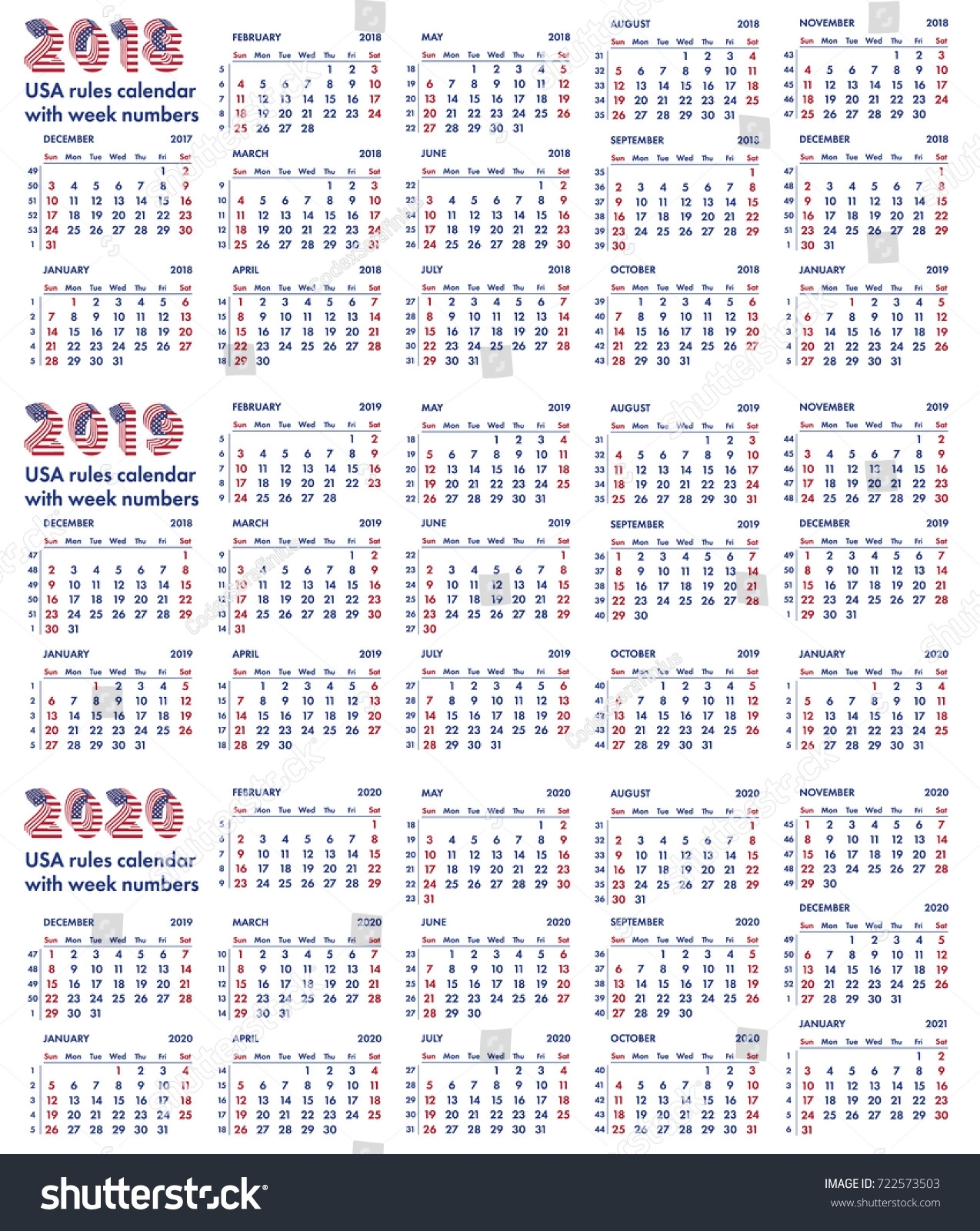 2018 2019 2020 Calendar Grid American Stock Vector (Royalty intended for Calendar With Week Numbers 2019/2020