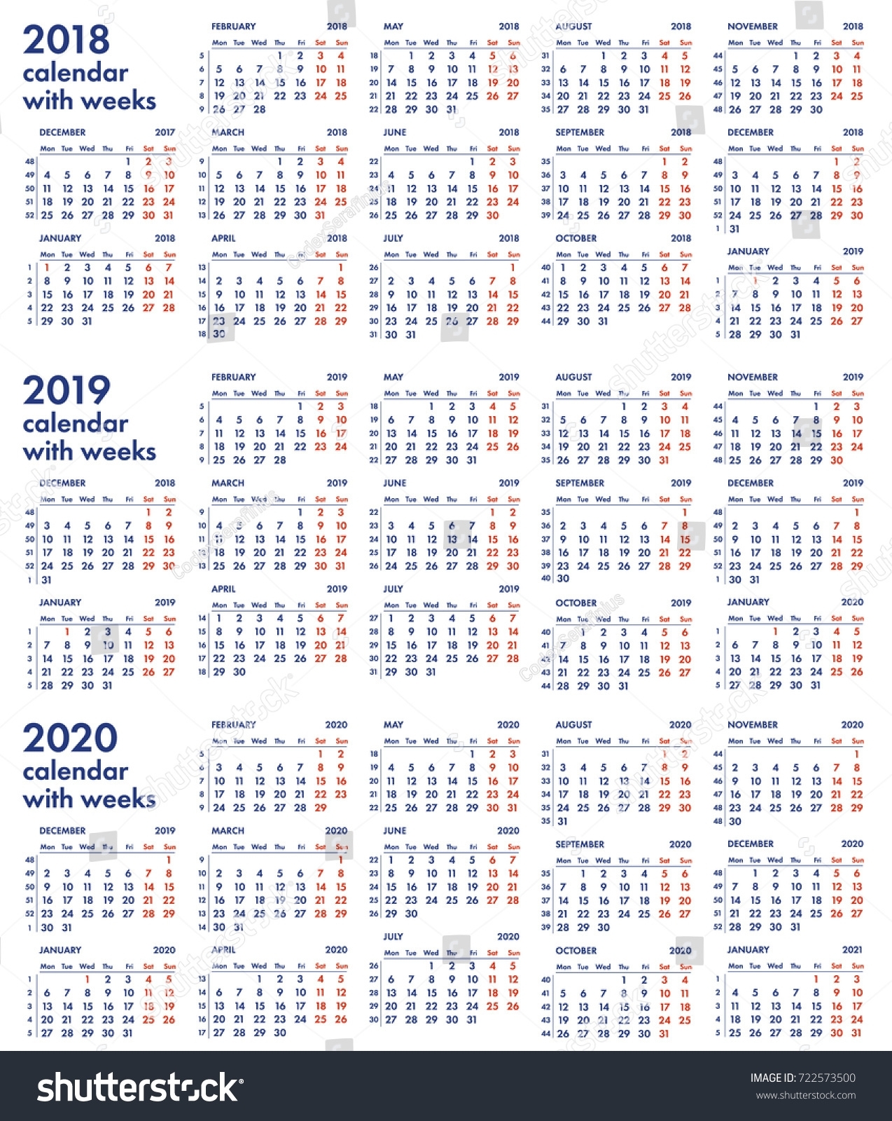 2018 2019 2020 Calendar Grid Weeks Stock Vector (Royalty in Calendar With Week Numbers 2019/2020