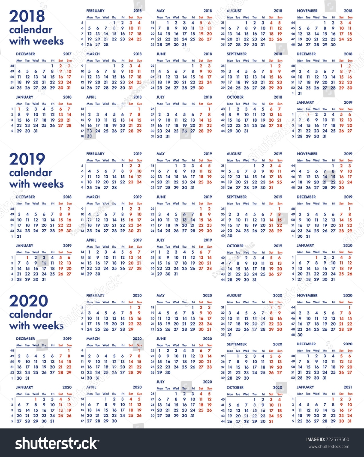 2018 2019 2020 Calendar Grid Weeks Stock Vector (Royalty regarding Calendar 2019 2020 With Week Number