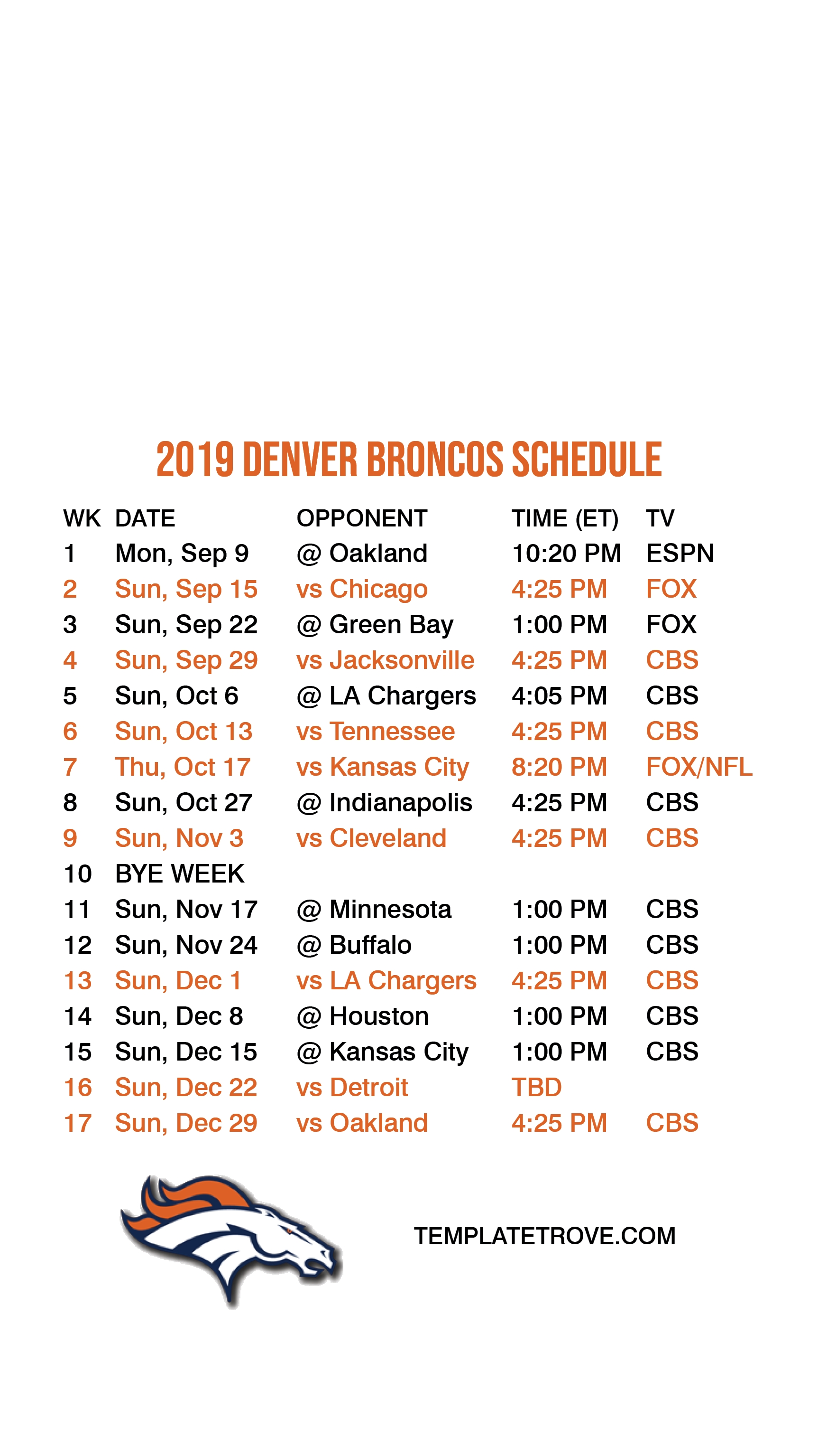 Denver Broncos 2019-2020 Printable Schedule