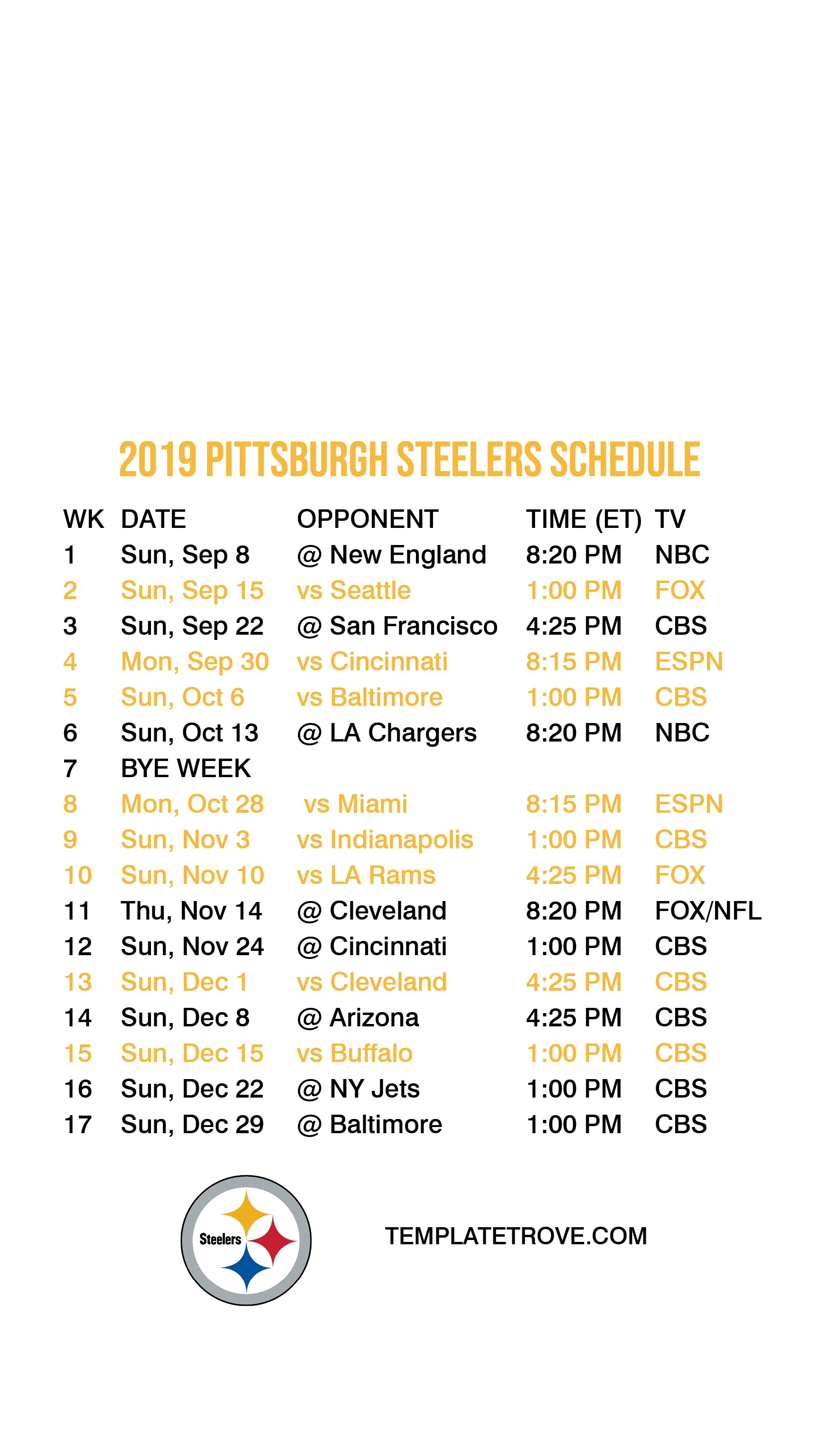 2019-2020 Pittsburgh Steelers Lock Screen Schedule For for 2019 2020 Nfl Schedule Printable