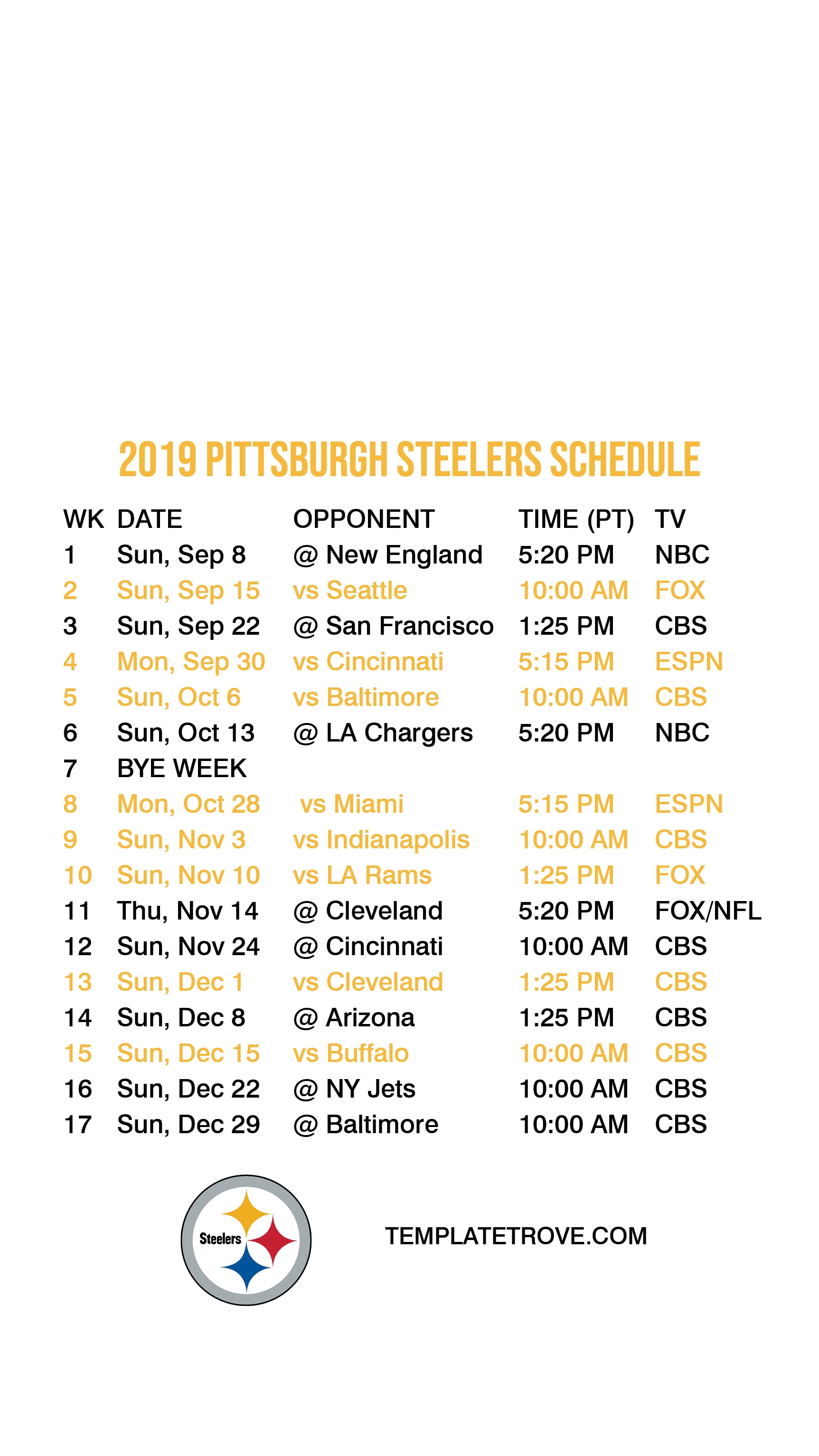 2019-2020 Pittsburgh Steelers Lock Screen Schedule For throughout 2019 2020 Nfl Printable Schedule