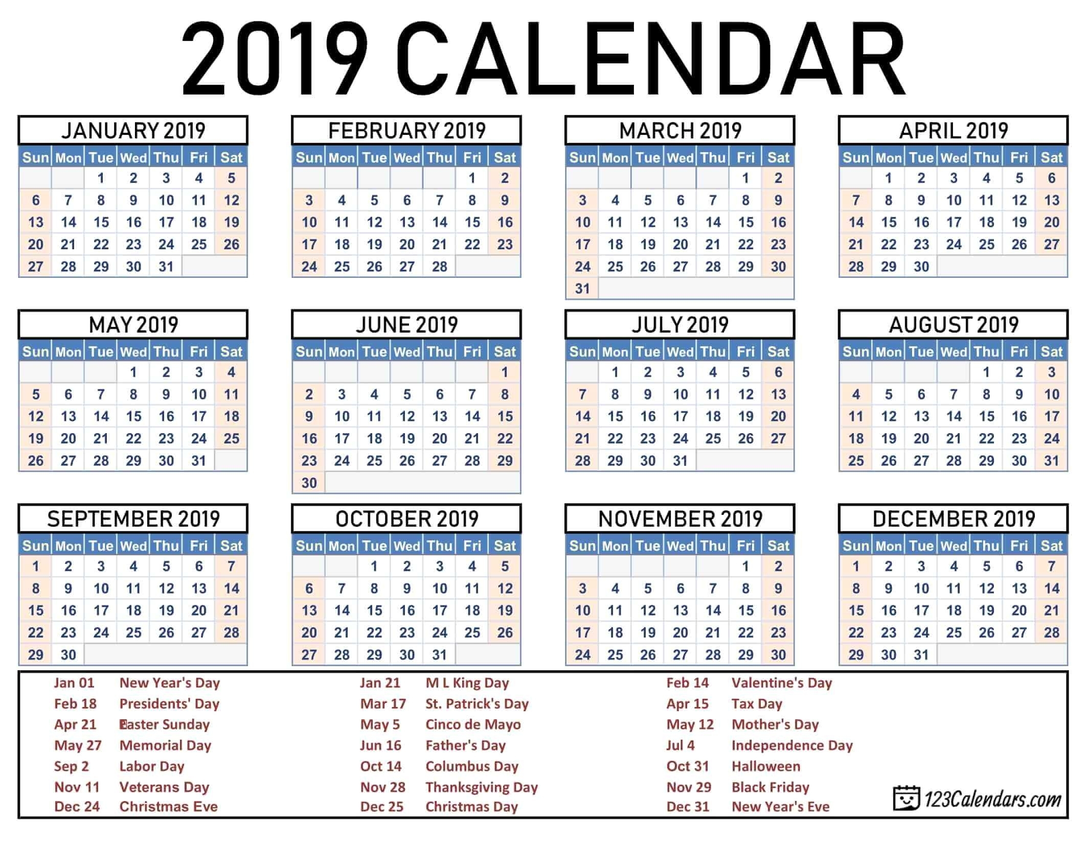 2019 2020 School Year Calendar Template Year 2019 Printable for Yearly Calendar In One Page 2019-2020