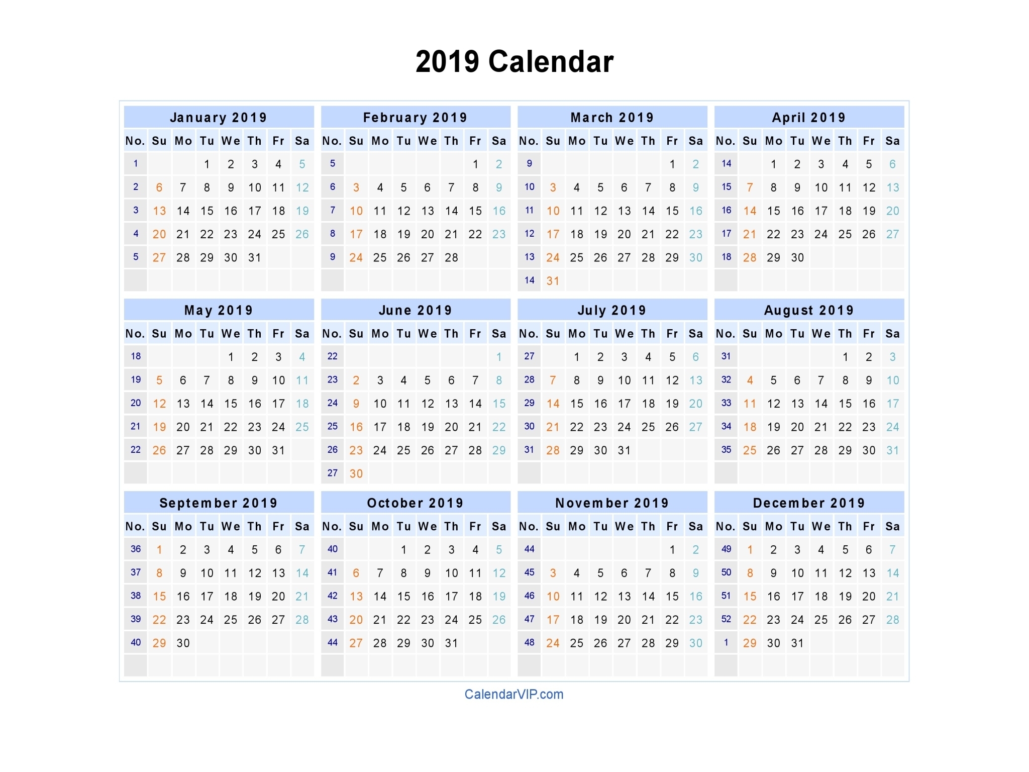 2019 Calendar - Blank Printable Calendar Template In Pdf in Yearly Monday To Sunday Calendar 2020 With Week Numbers