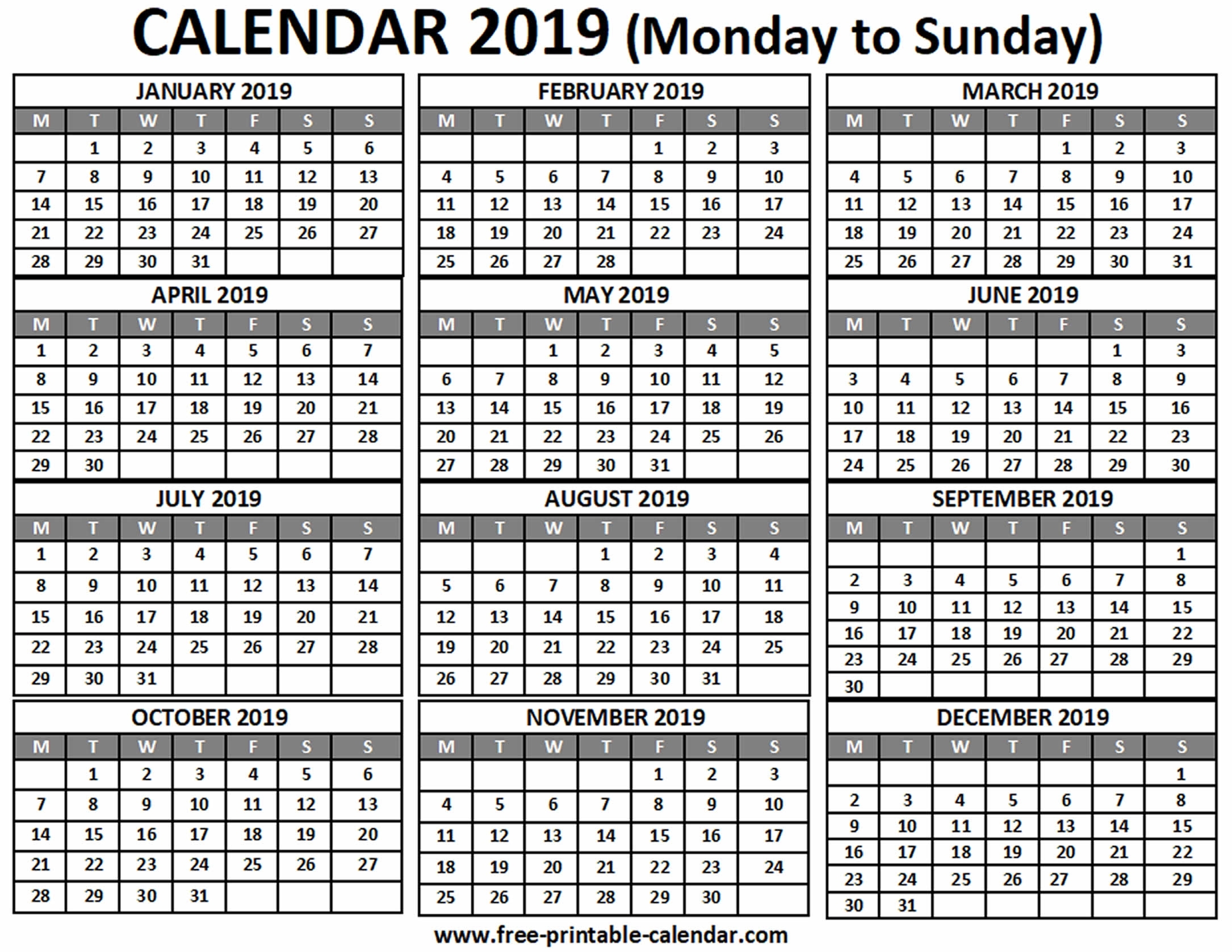 2019 Calendar - Free-Printable-Calendar regarding Calendar 2019 Monday To Sunday