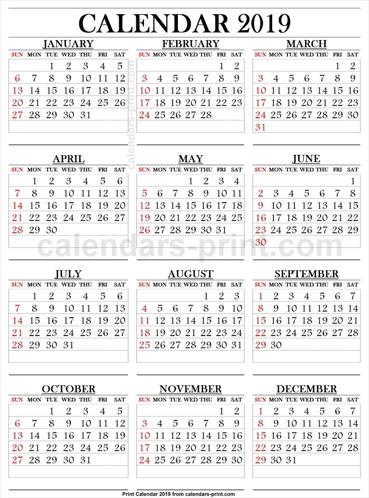 2019 Calendar Large Numbers | 2019 Calendar, Calendar 2019 with Large Printable Numbers 1 31