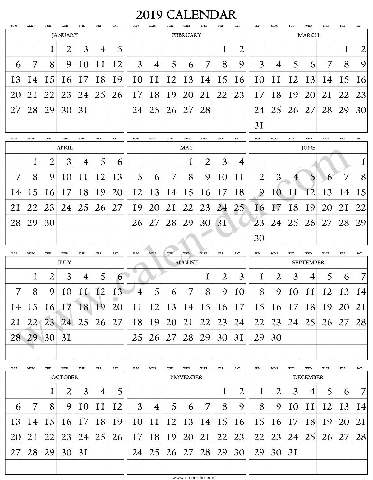 2019 Calendar Large Numbers | 2019 Calendar, Printable for Large Printable Numbers 1 31