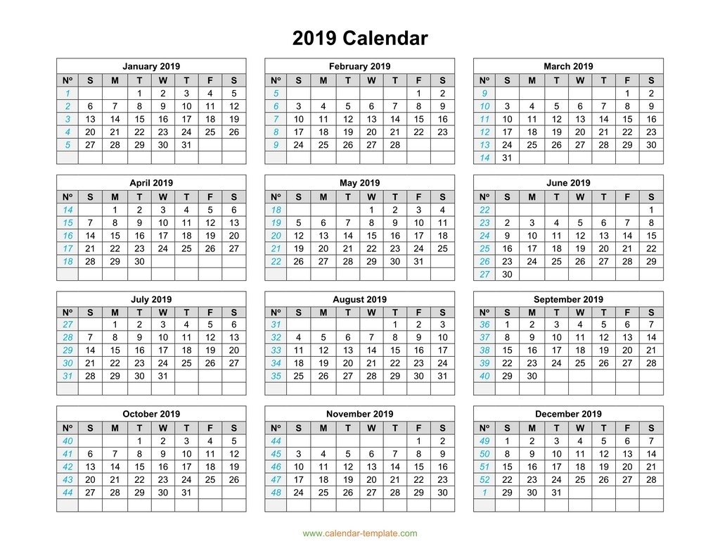 Year Calendar 2019 Monday To Sunday