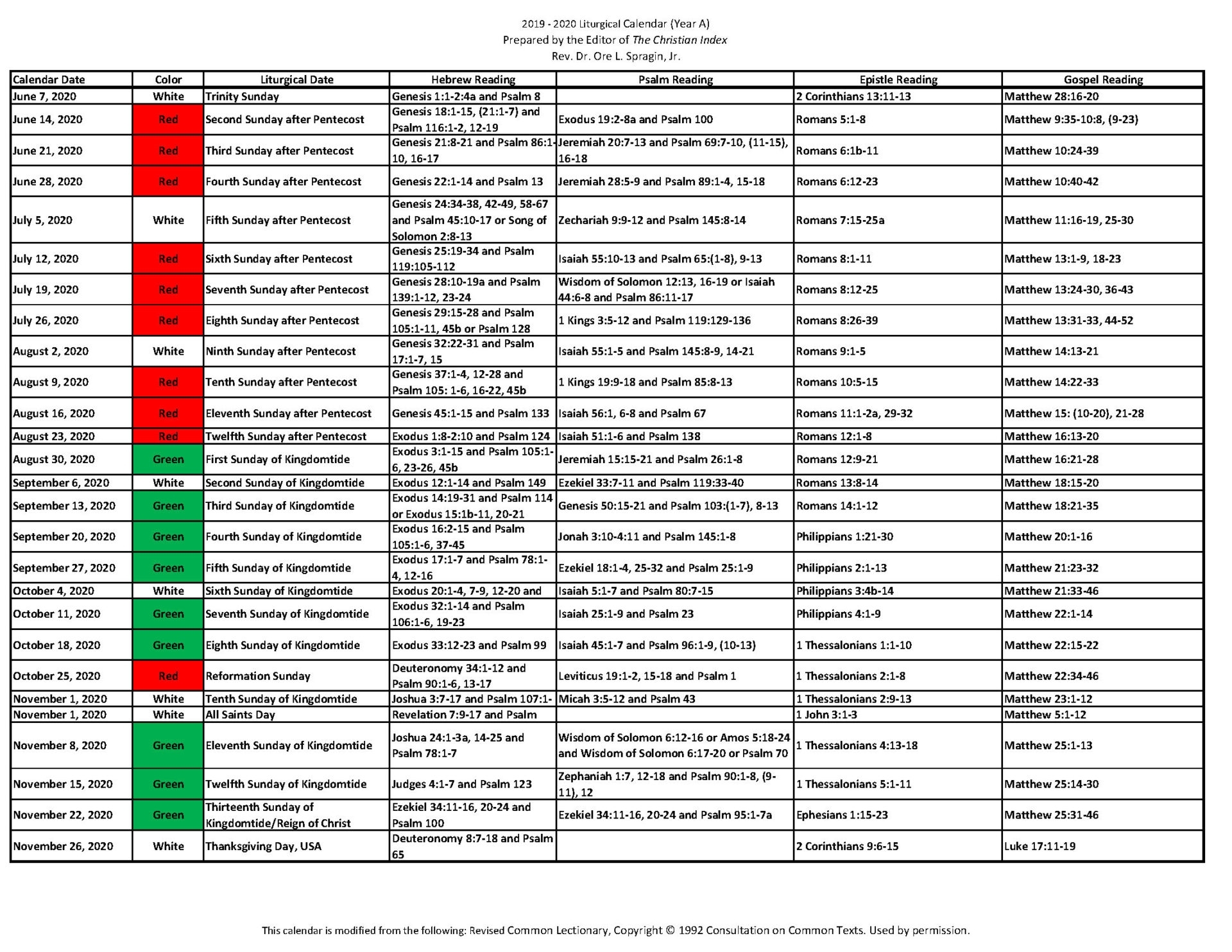 2019 ‐ 2020 Liturgical Calendar (Year A) - Christian intended for Episcopal Liturgical Calendar For Children