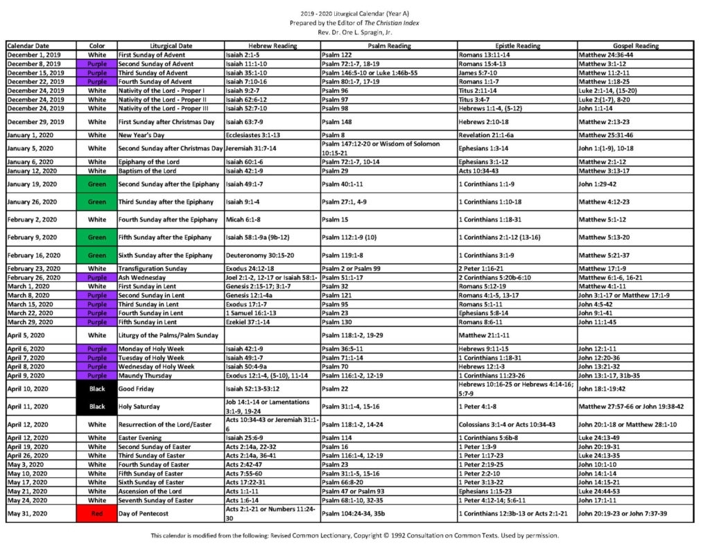 2019 ‐ 2020 Liturgical Calendar (Year A) - Christian pertaining to Liturgical Calendar For Yearr 2020