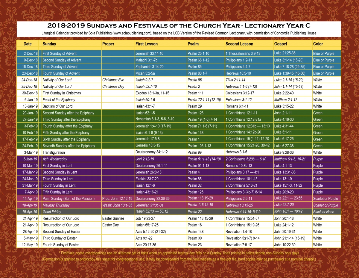 2019 Liturgical Calendar (Year C) K-2019 | Sola Publishing throughout Free Liturgical Church Calendar For 2020