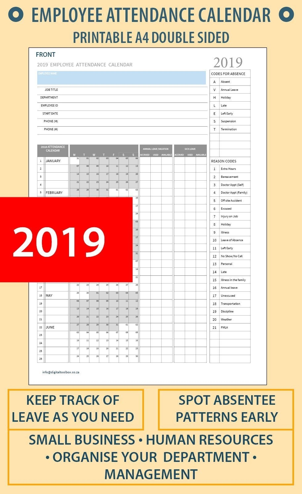 2020 A4 Printable Employee Attendance Calendar/tracker For inside Printable Employee Attendance Calendar 2020