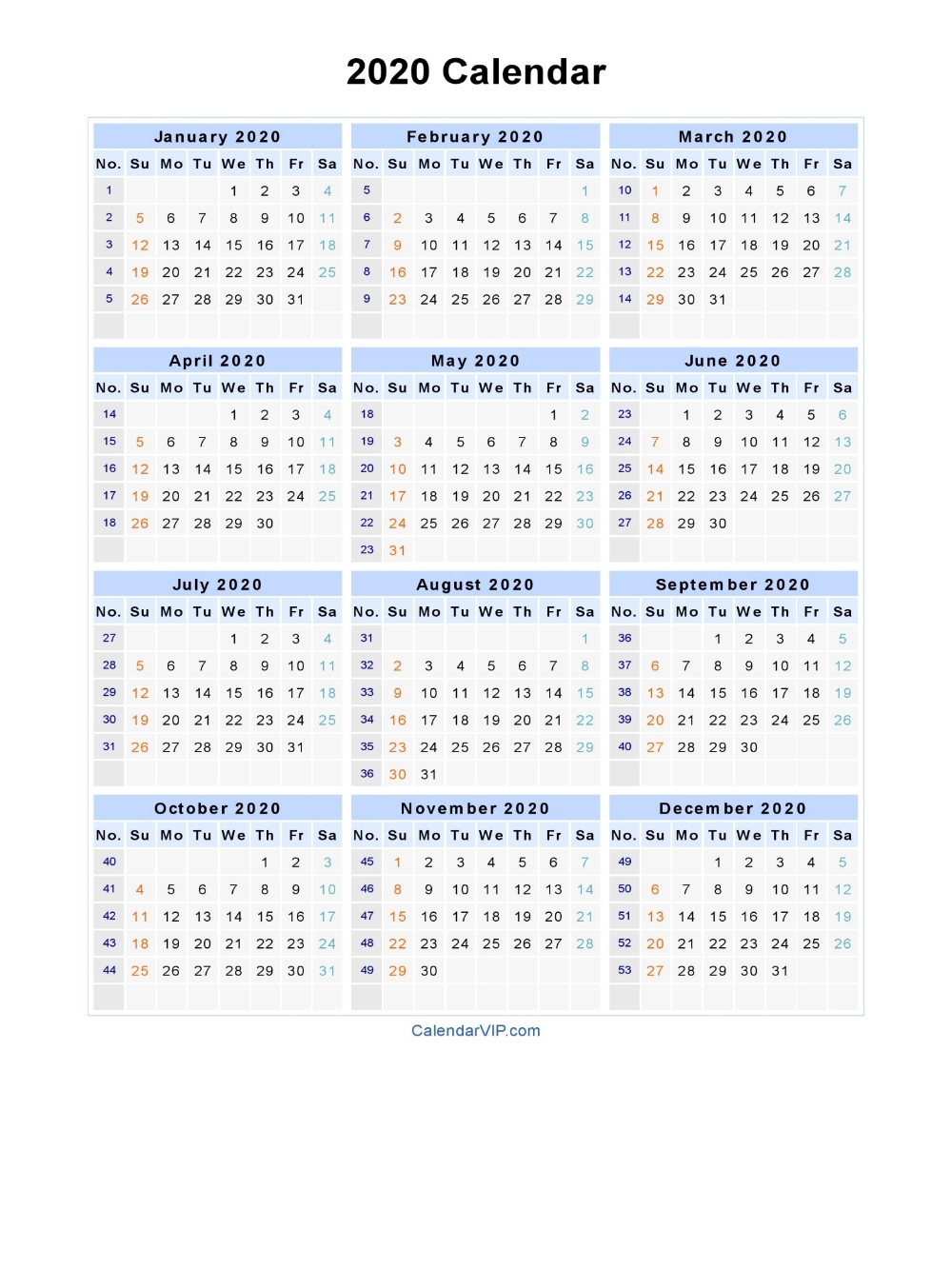 2020 Calendar - Blank Printable Calendar Template In Pdf inside Calendar With Week Numbers 2019/2020