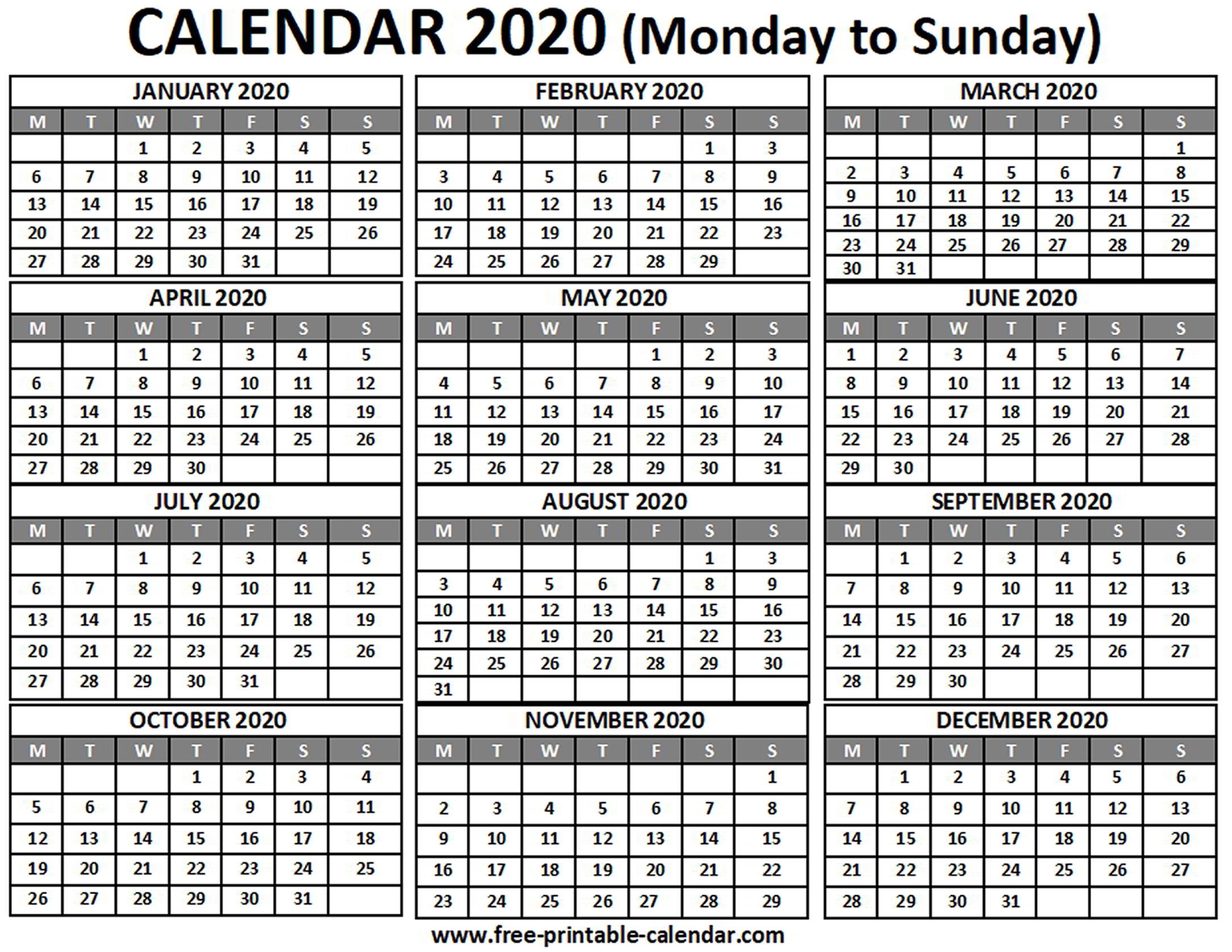 2020 Calendar - Free-Printable-Calendar for 2020 Printable Calendars Beginning With Monday