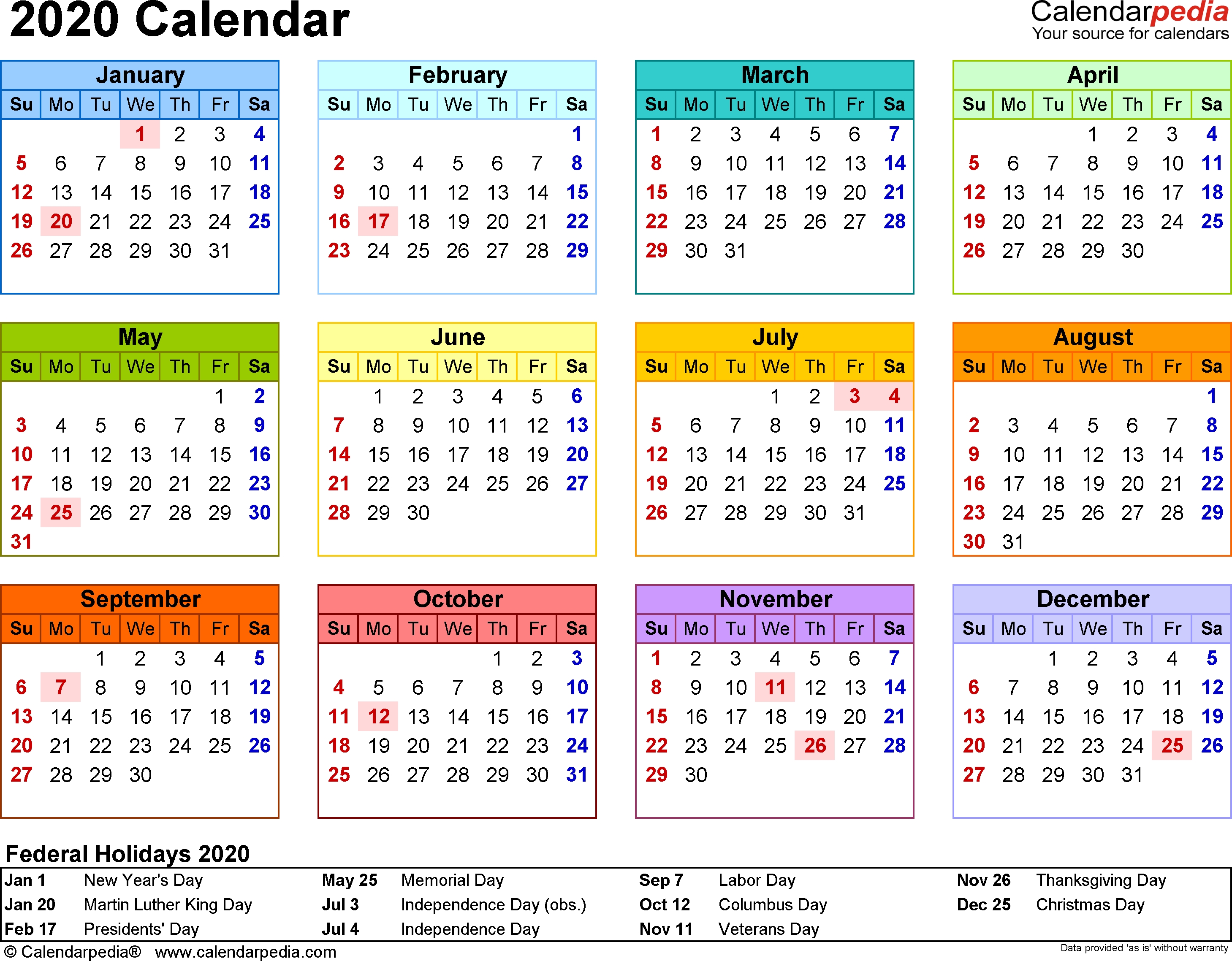 2020 Calendar - Free Printable Microsoft Word Templates with Free 2020 Year At A Glance Calendar